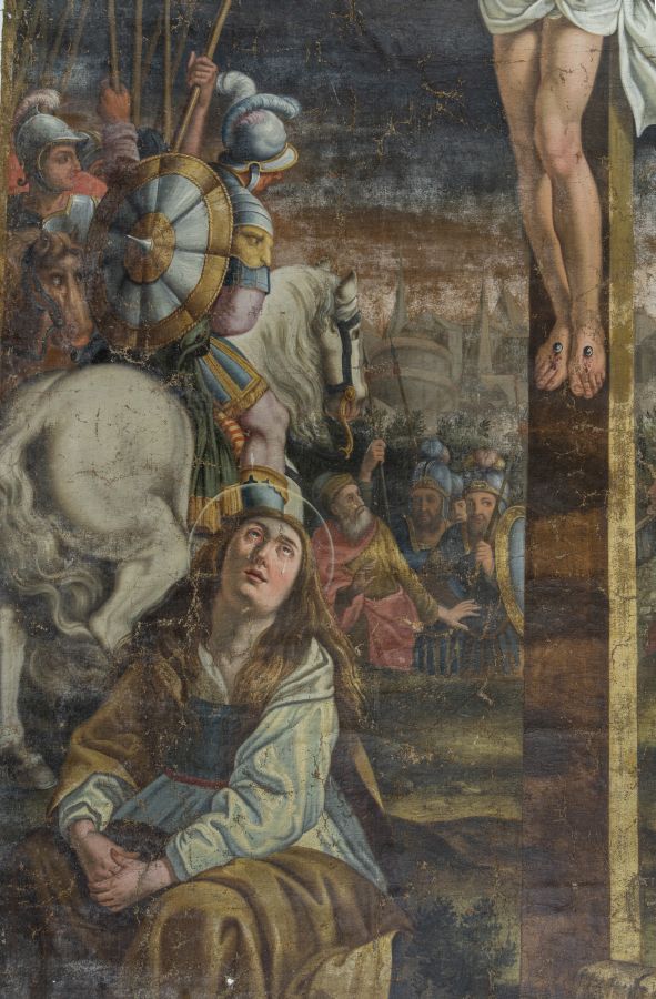 Detailaufnahme des beschädigten Oberwarngauer Fastentuchs vor der Restaurierung