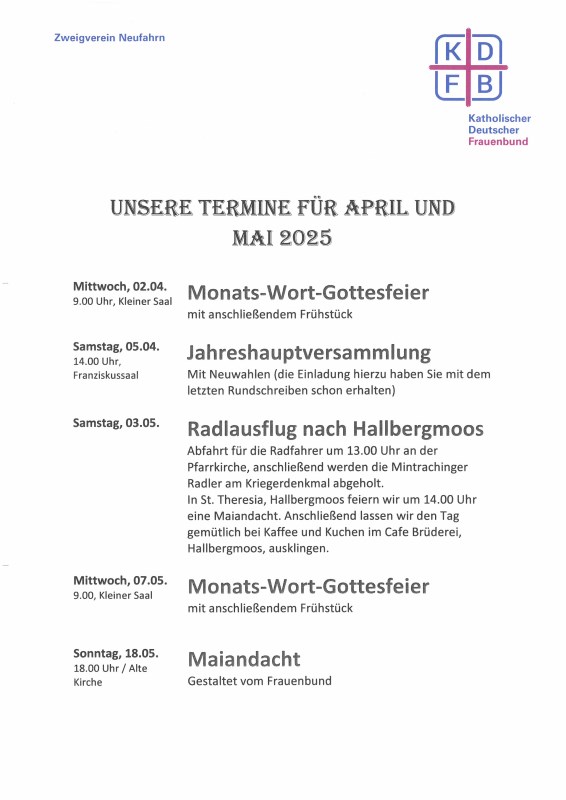 Termine im Mai Frauenbund
