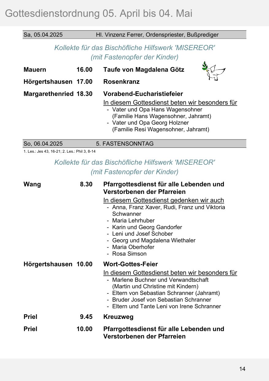 Pfarrblatt für die Pfarrverbände Hörgertshausen-Gammelsdorf und Mauern 05. April bis 04. Mai 2025 Seite 14