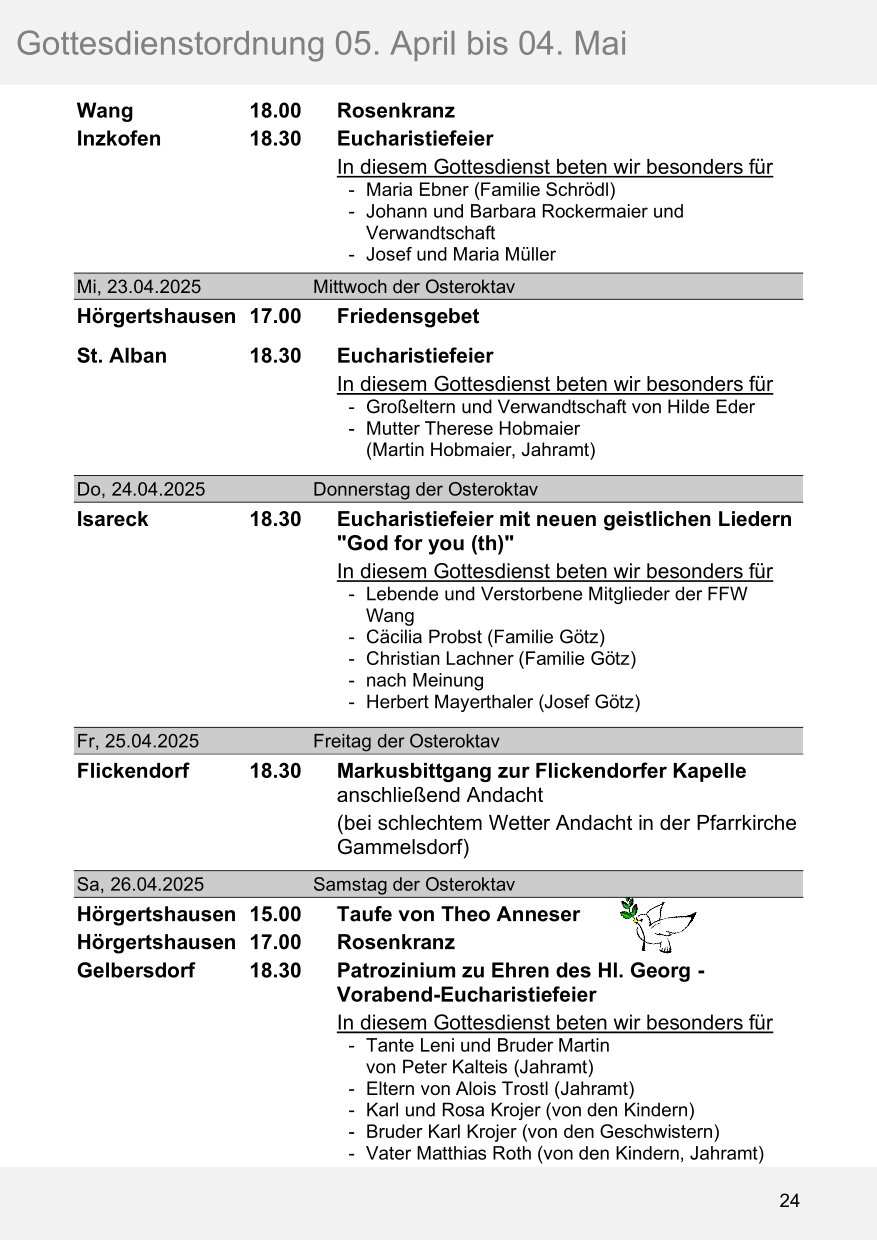 Pfarrblatt für die Pfarrverbände Hörgertshausen-Gammelsdorf und Mauern 05. April bis 04. Mai 2025 Seite 24