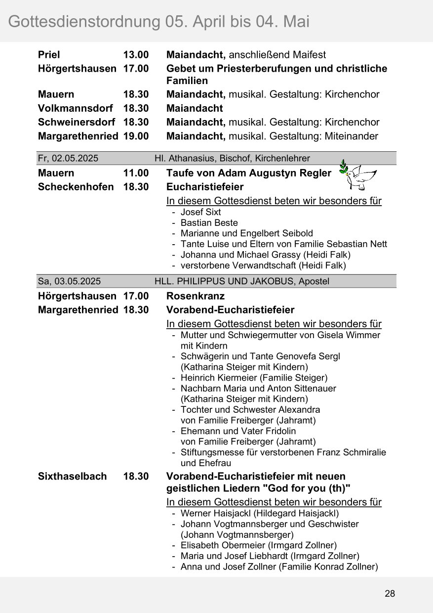 Pfarrblatt für die Pfarrverbände Hörgertshausen-Gammelsdorf und Mauern 05. April bis 04. Mai 2025 Seite 28