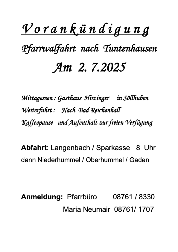 Vorankündigung Pfarrwallfahrt nach Tuntenhausen 2025