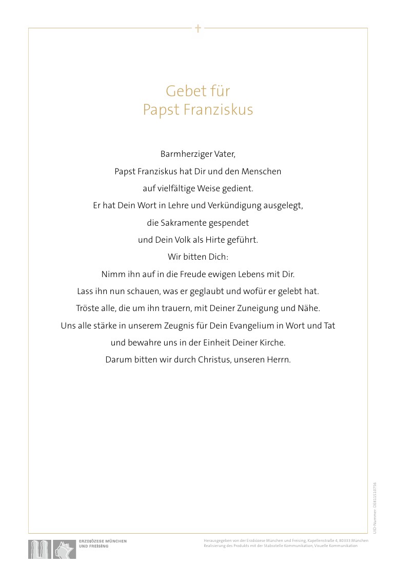 Gebet zum Tode von Papst Franziskus