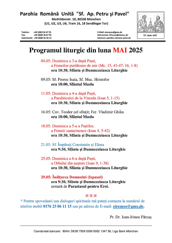 Program liturgic Mai 2025