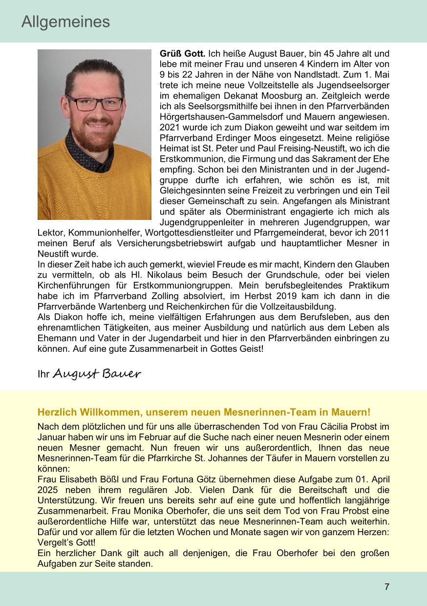 Pfarrblatt für die Pfarrverbände Hörgertshausen-Gammelsdorf und Mauern 05. Mai bis 01. Juni 2025 Seite 07