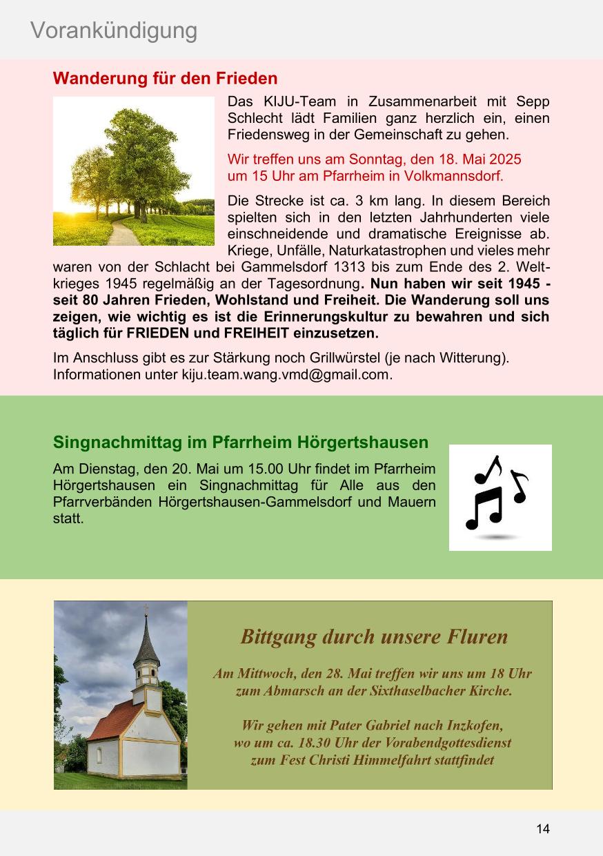 Pfarrblatt für die Pfarrverbände Hörgertshausen-Gammelsdorf und Mauern 05. Mai bis 01. Juni 2025 Seite 14