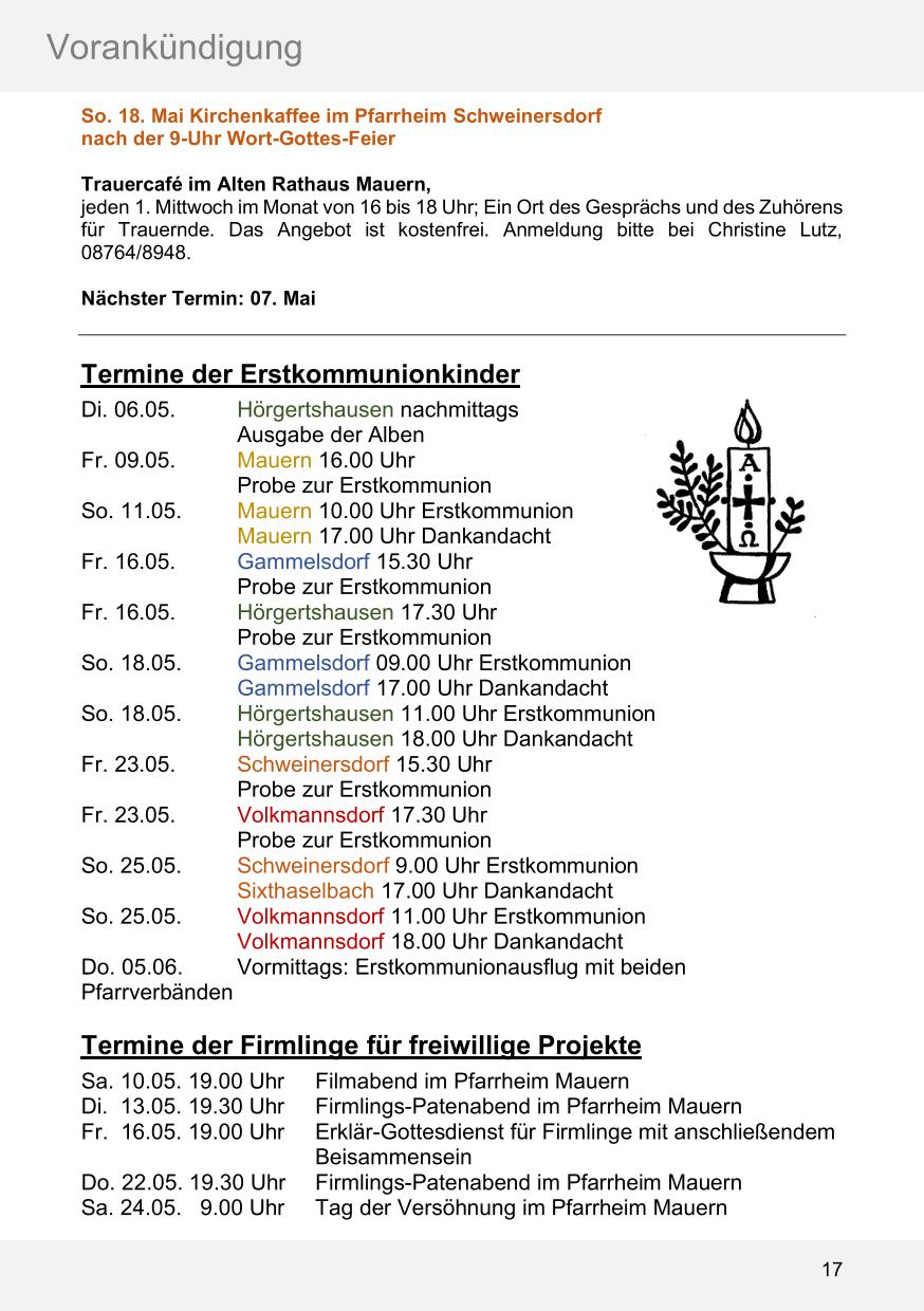 Pfarrblatt für die Pfarrverbände Hörgertshausen-Gammelsdorf und Mauern 05. Mai bis 01. Juni 2025 Seite 17