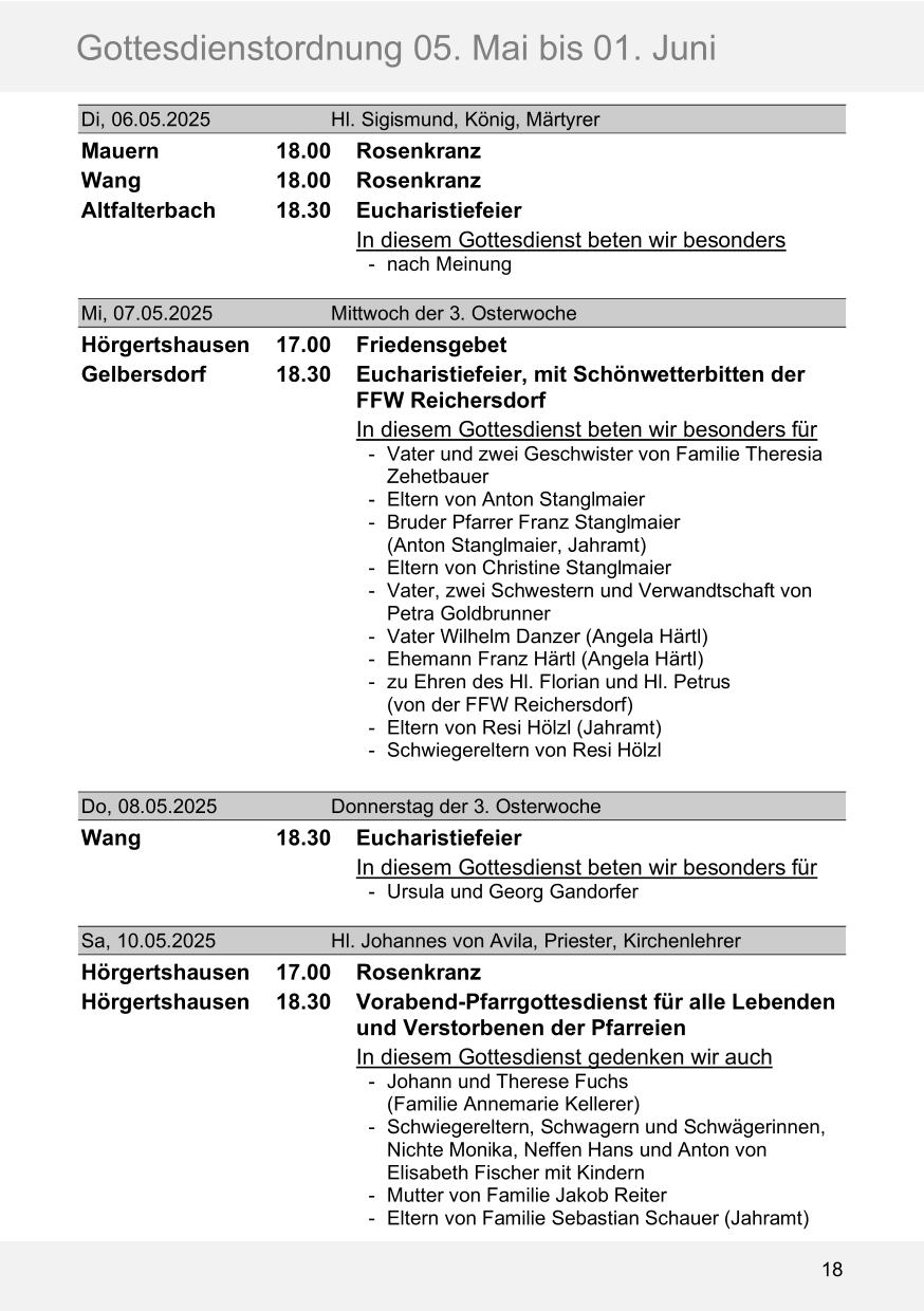 Pfarrblatt für die Pfarrverbände Hörgertshausen-Gammelsdorf und Mauern 05. Mai bis 01. Juni 2025 Seite 18