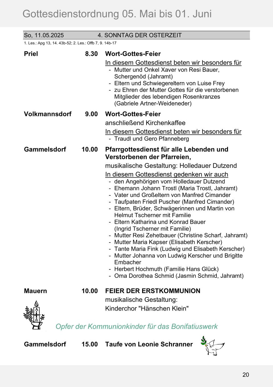 Pfarrblatt für die Pfarrverbände Hörgertshausen-Gammelsdorf und Mauern 05. Mai bis 01. Juni 2025 Seite 20