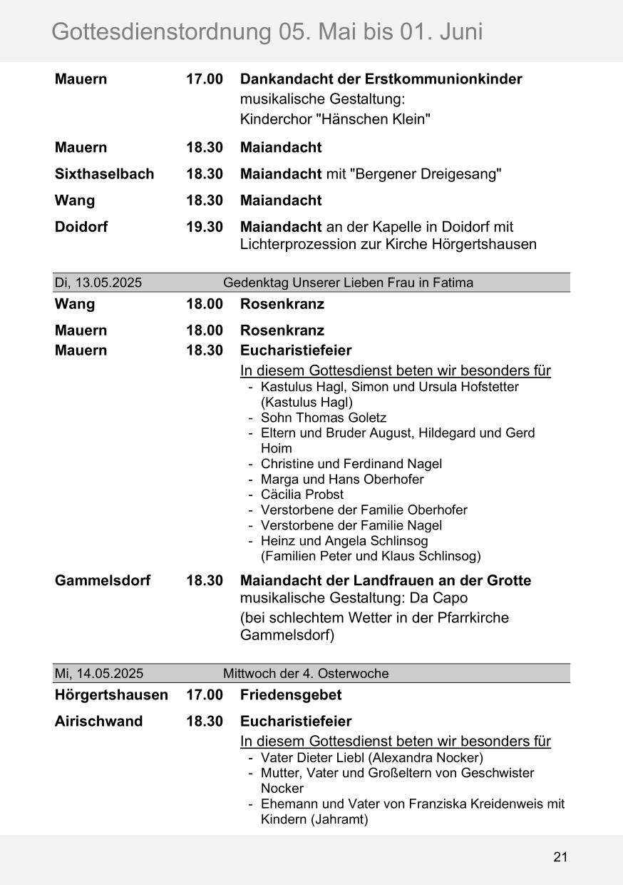 Pfarrblatt für die Pfarrverbände Hörgertshausen-Gammelsdorf und Mauern 05. Mai bis 01. Juni 2025 Seite 21