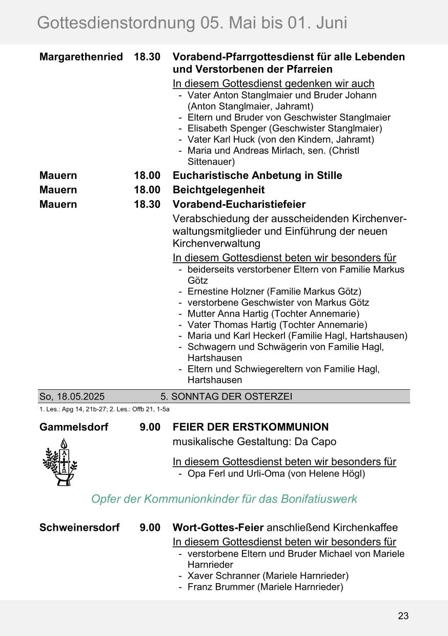 Pfarrblatt für die Pfarrverbände Hörgertshausen-Gammelsdorf und Mauern 05. Mai bis 01. Juni 2025 Seite 23