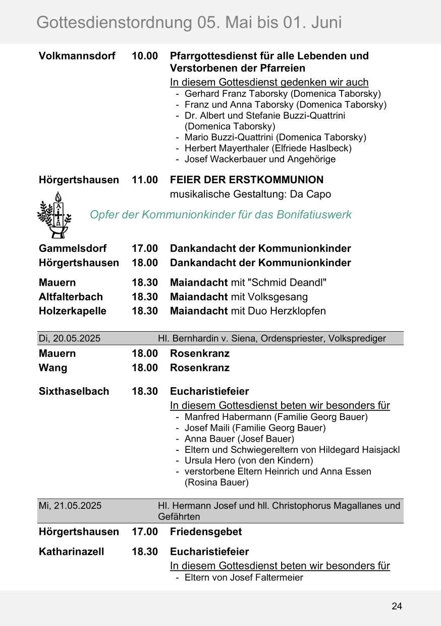Pfarrblatt für die Pfarrverbände Hörgertshausen-Gammelsdorf und Mauern 05. Mai bis 01. Juni 2025 Seite 24