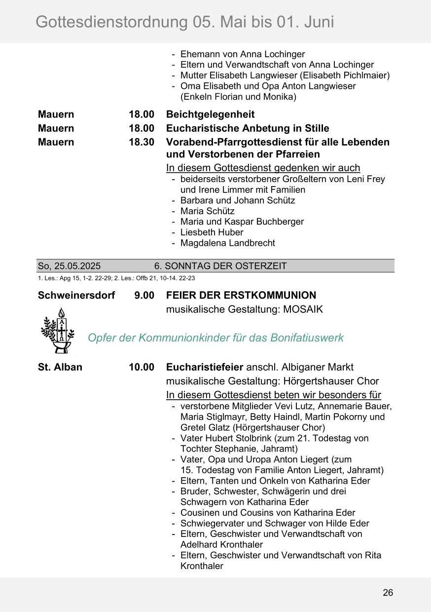 Pfarrblatt für die Pfarrverbände Hörgertshausen-Gammelsdorf und Mauern 05. Mai bis 01. Juni 2025 Seite 26