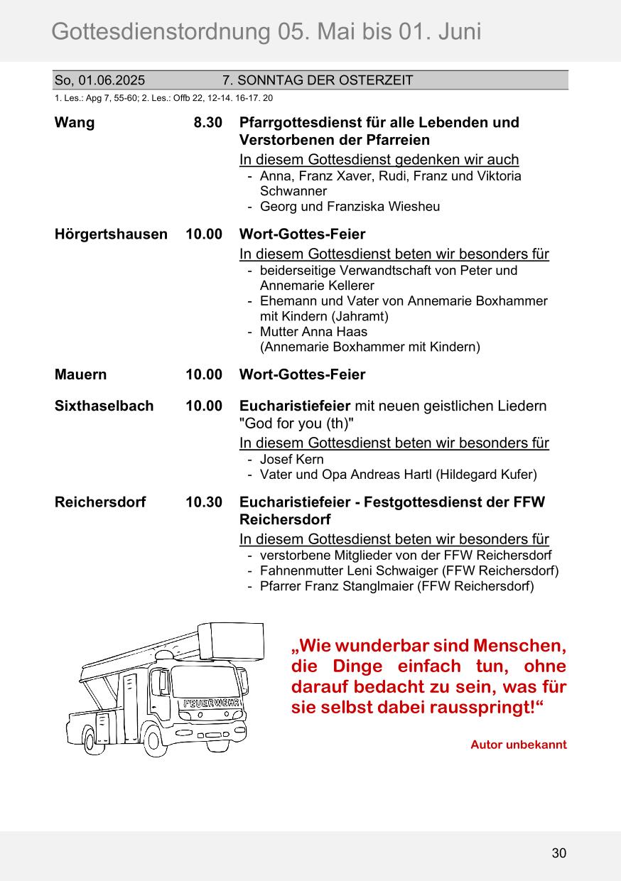 Pfarrblatt für die Pfarrverbände Hörgertshausen-Gammelsdorf und Mauern 05. Mai bis 01. Juni 2025 Seite 30