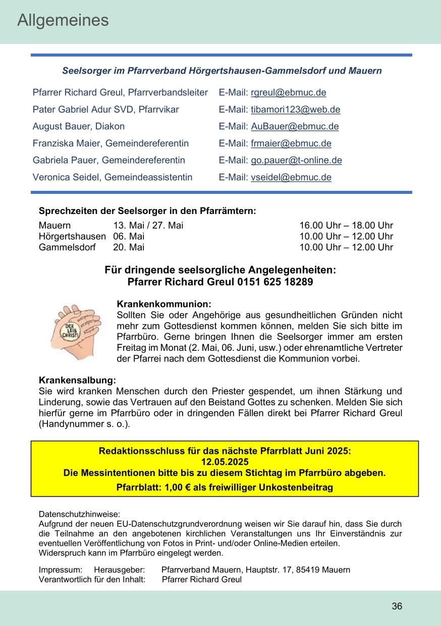 Pfarrblatt für die Pfarrverbände Hörgertshausen-Gammelsdorf und Mauern 05. Mai bis 01. Juni 2025 Seite 36