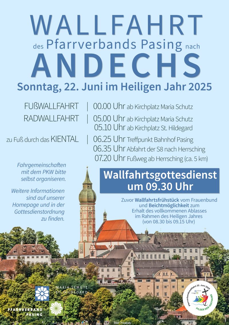 Kloster Andechs mit Terminnennung für die Pfarrverbandswallfahrt, Text nebenstehend.
