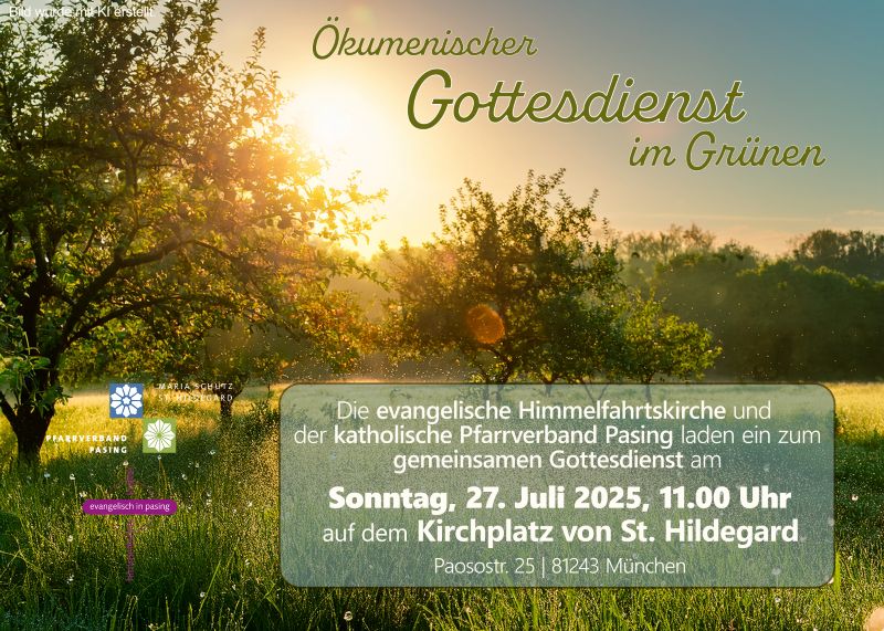 Grüne Wiese mit Buschwerk im Gegenlicht der Sonne, Text mit Informationen zum ökumenischen Gottesdienst nebenstehend