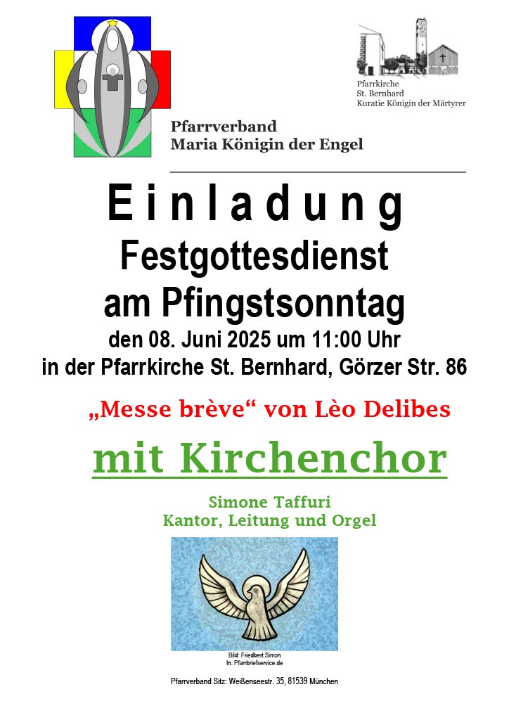 Einladung zum Pfingstgottesdienst in St. Bernhard mit Chormusik