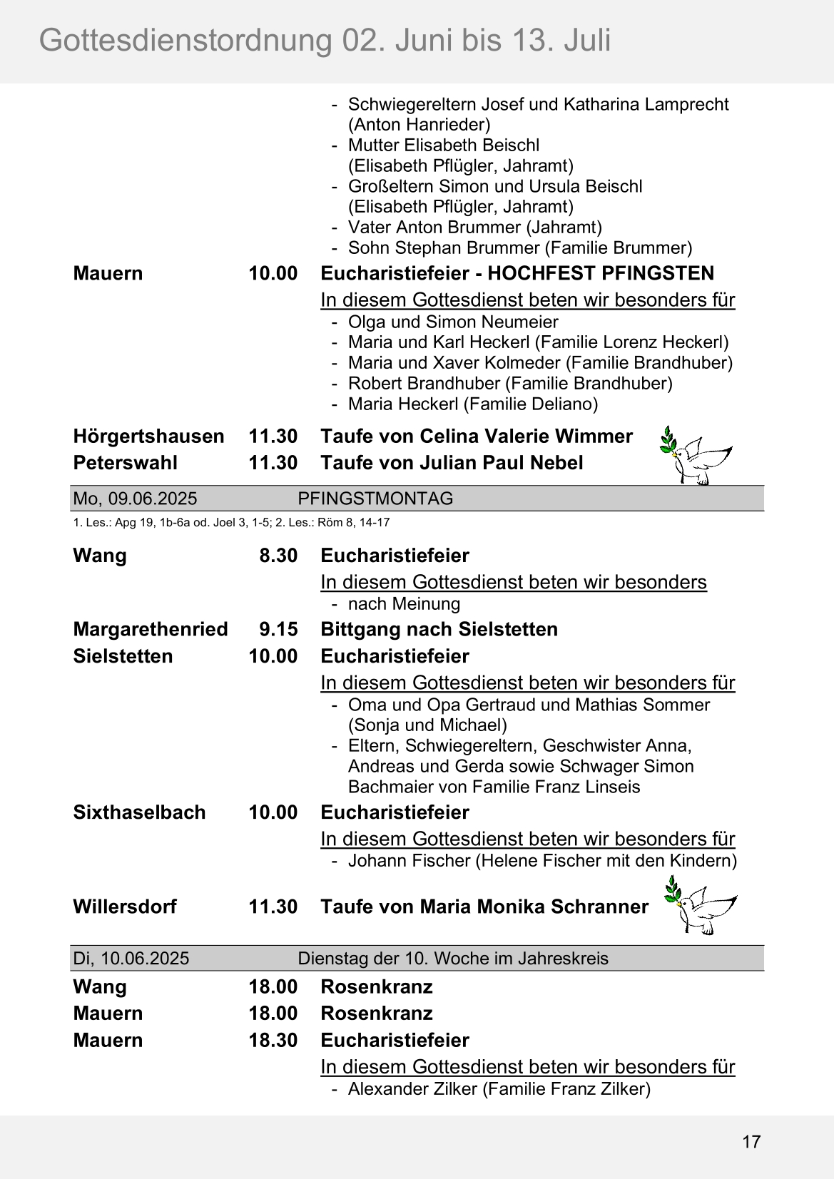 Pfarrblatt für die Pfarrverbände Hörgertshausen-Gammelsdorf und Mauern 02. Juni bis 13. Juli 2025 Seite 17