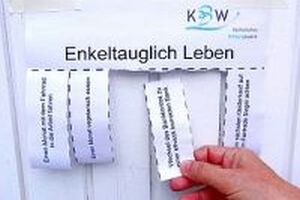 Hand reißt Zettel von Blatt "Enkeltauglich leben" ab