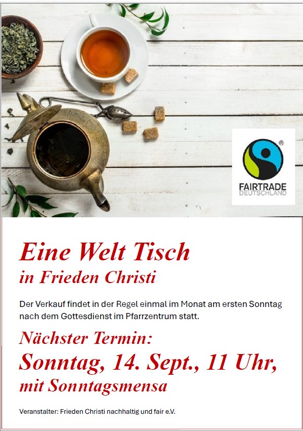 Einladung zum Eine-Welt-Tisch mit Sonntagsmensa in Frieden Christi am 14. September 2025.