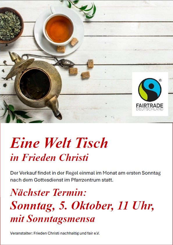Einladung zum Eine-Welt-Tisch mit Sonntagsmensa in Frieden Christi am 5. Oktober 2025.