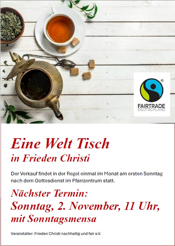 Einladung zum Eine-Welt-Tisch mit Sonntagsmensa in Frieden Christi am 2. November 2025.
