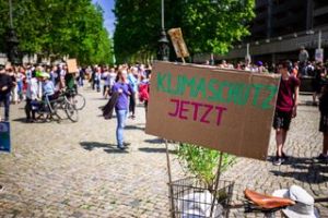 Sonniger Park mit Menschen und dem Pappschild mit der Aufschrift "Klimaschutz jetzt"