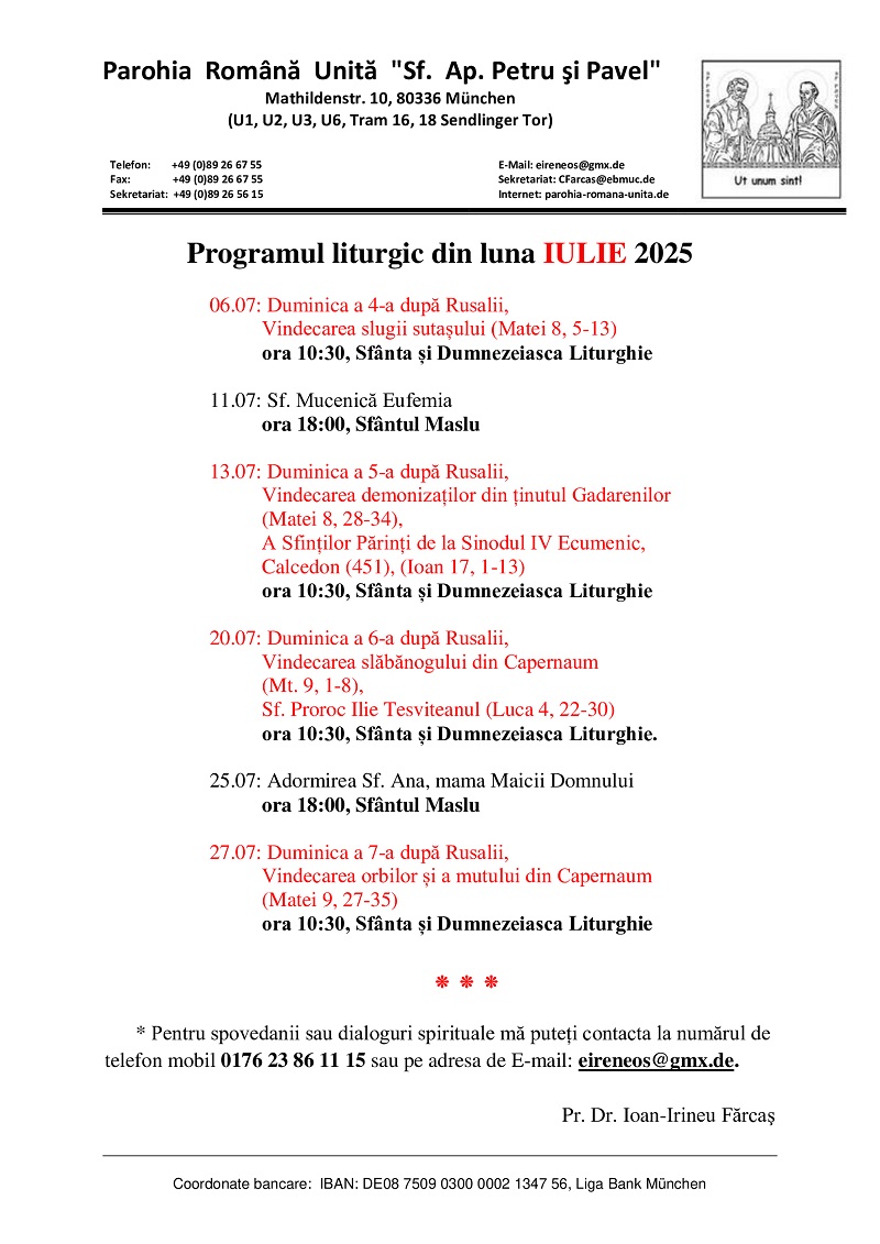 Program liturgic iulie