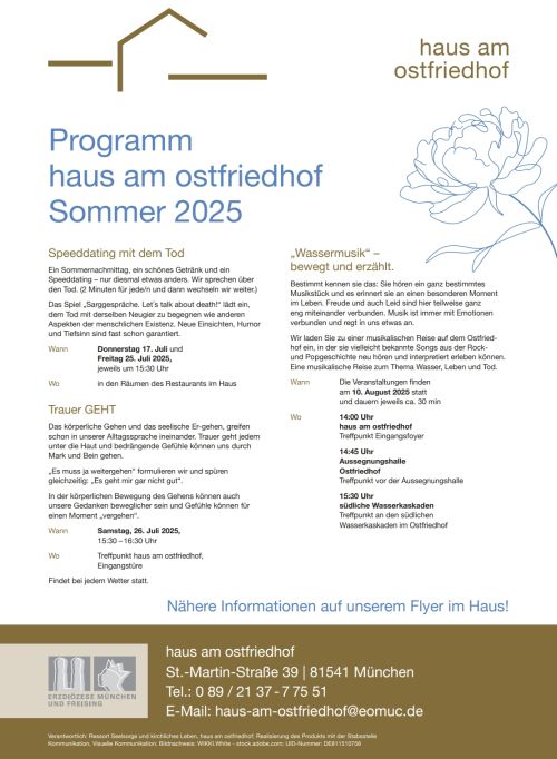 Plakat mit den Angeboten des Hauses am Ostfriedhof im Sommer 2025