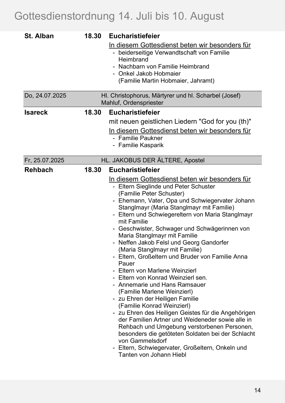 Pfarrblatt für die Pfarrverbände Hörgertshausen-Gammelsdorf und Mauern 14. Juli bis 10. August 2025 Seite 14