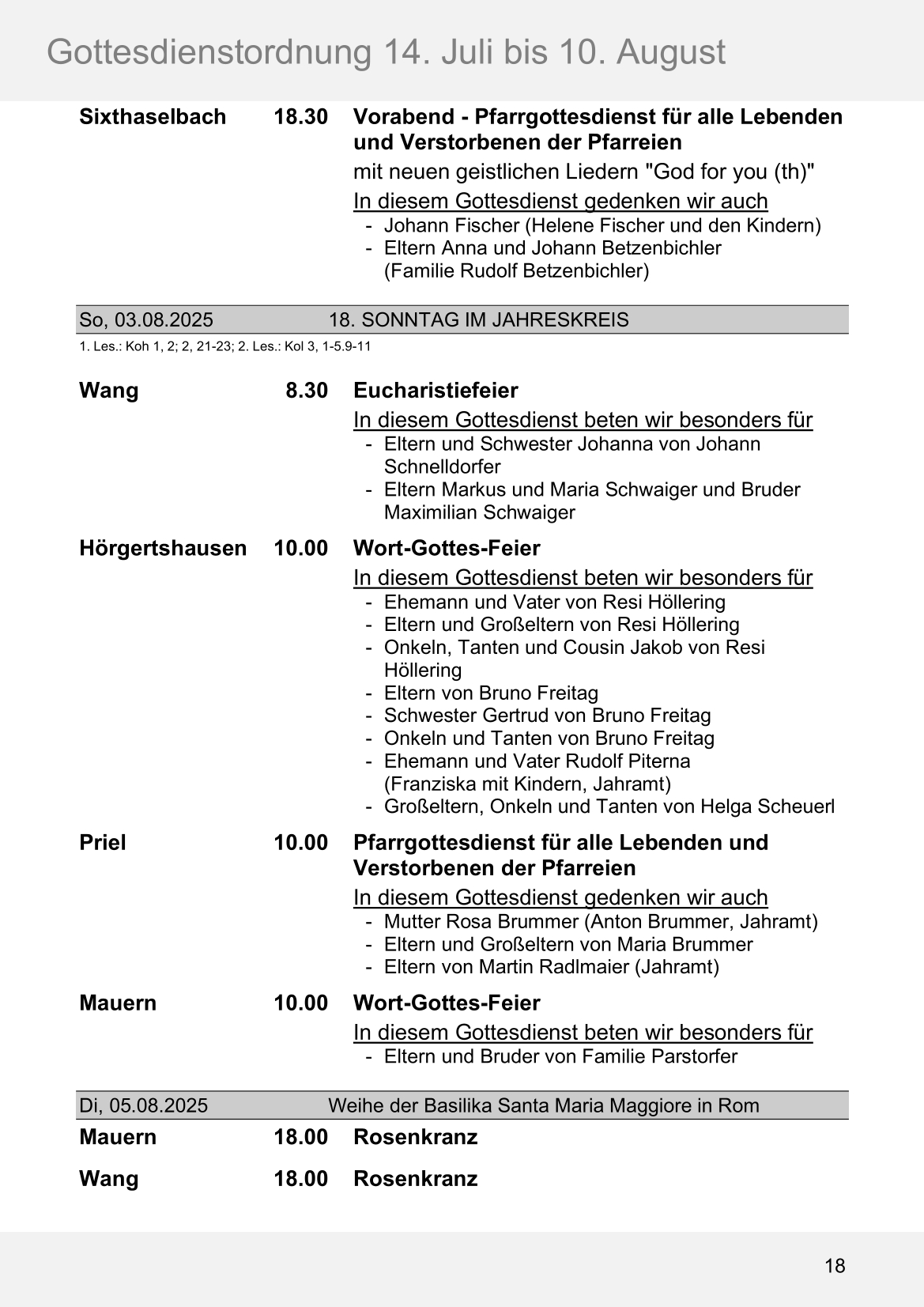 Pfarrblatt für die Pfarrverbände Hörgertshausen-Gammelsdorf und Mauern 14. Juli bis 10. August 2025 Seite 18