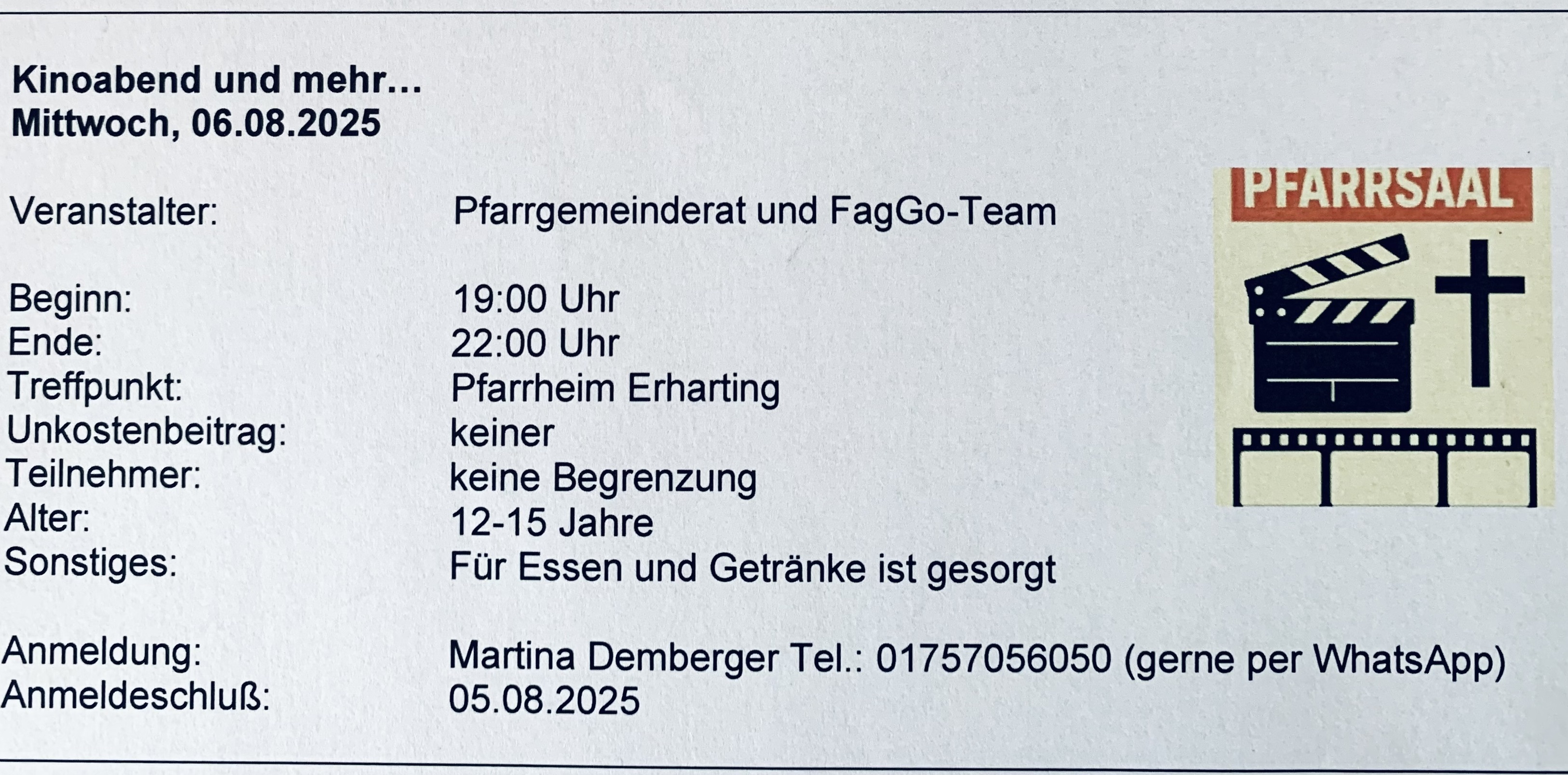 Einladung PGR und FamGo Team zum Filmabend im Ferienprogramm der Gemeinde Erharting