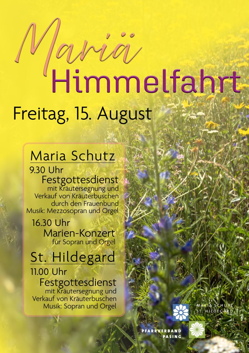 Gelb gefärbtes Plakat mit einer Blumenwiesen, Text Mariä Himmelfahrt. Weitere Infos im Klartext.