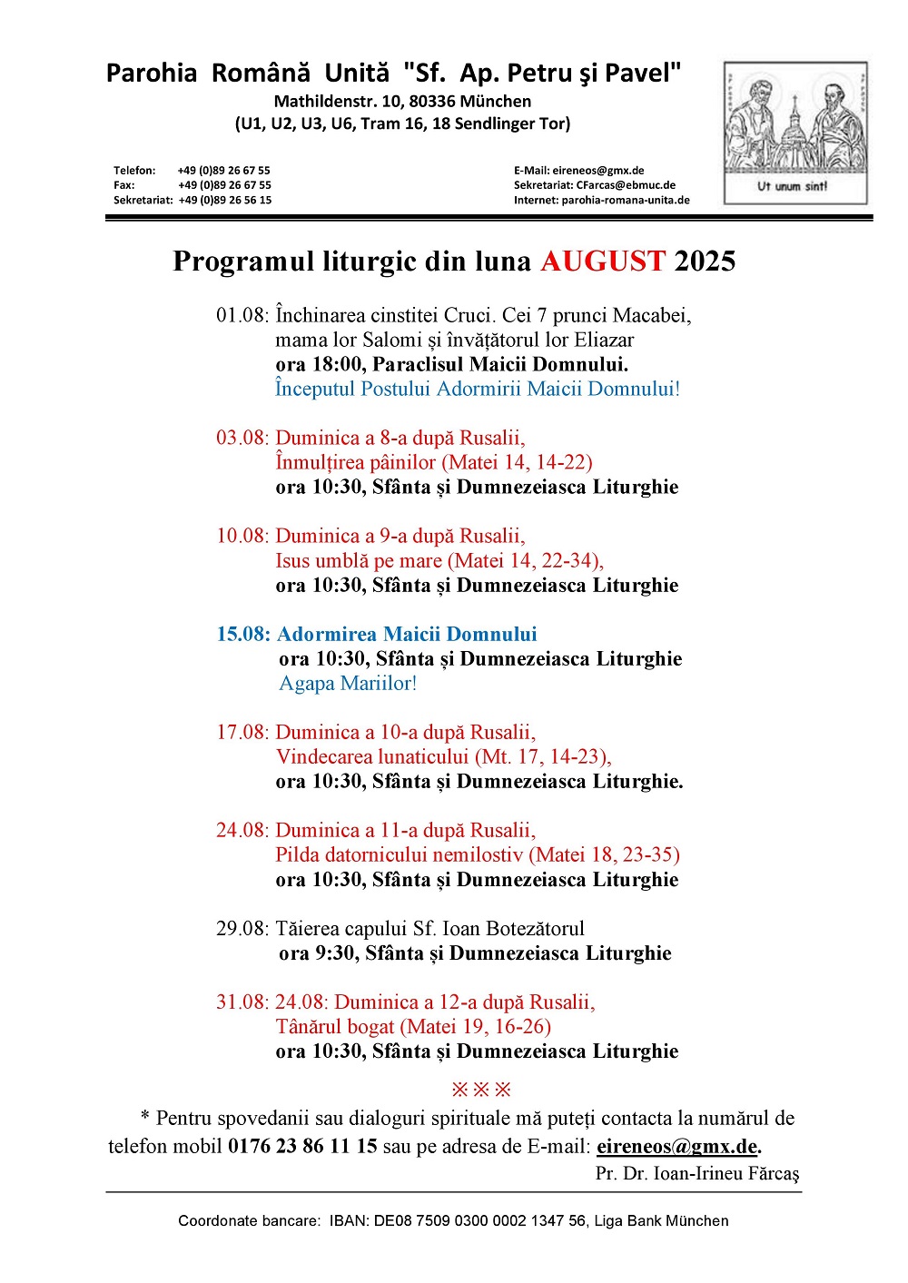 Program liturgic August