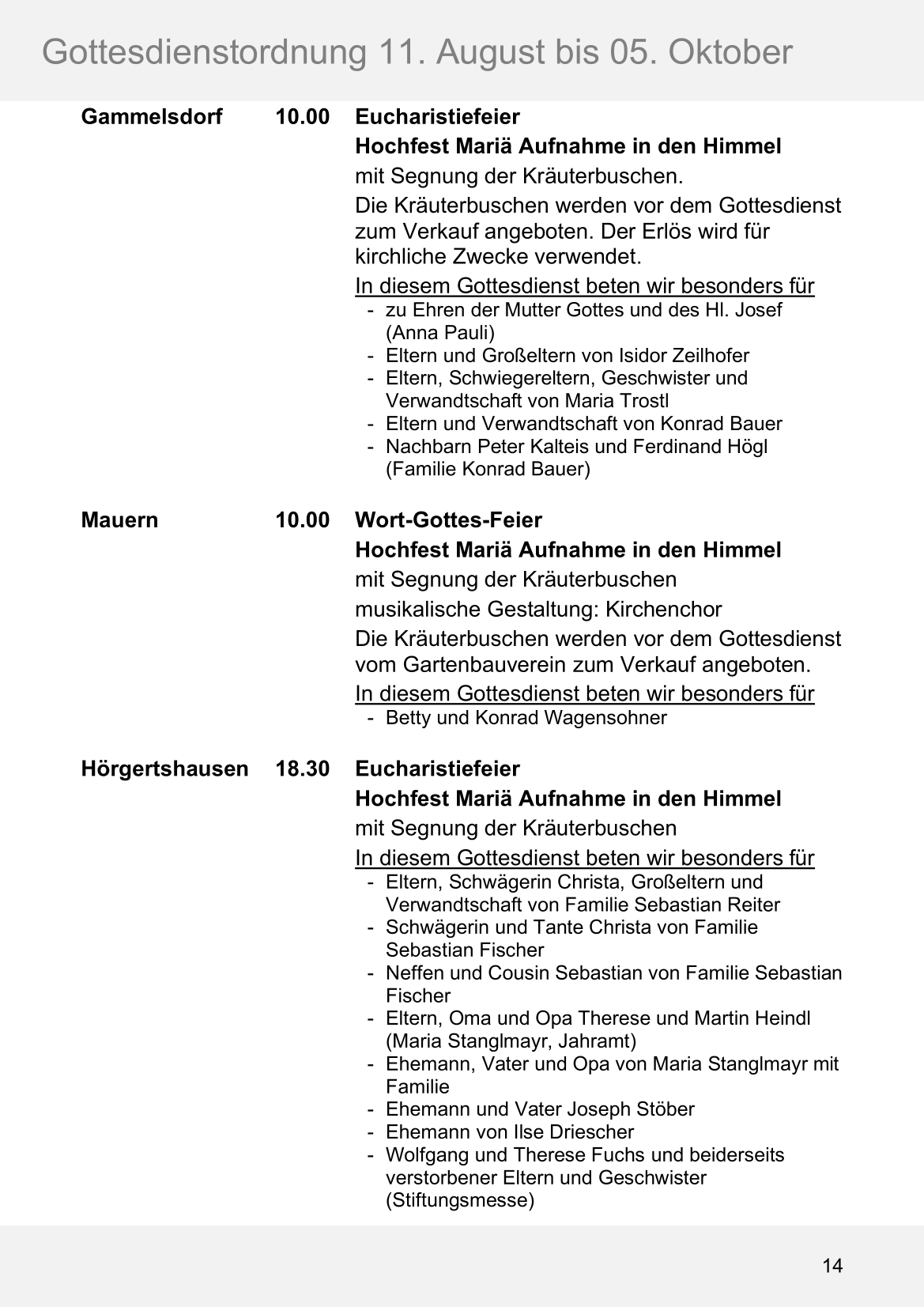 Pfarrblatt für die Pfarrverbände Hörgertshausen-Gammelsdorf und Mauern 11. August bis 05. Oktober 2025 Seite 14