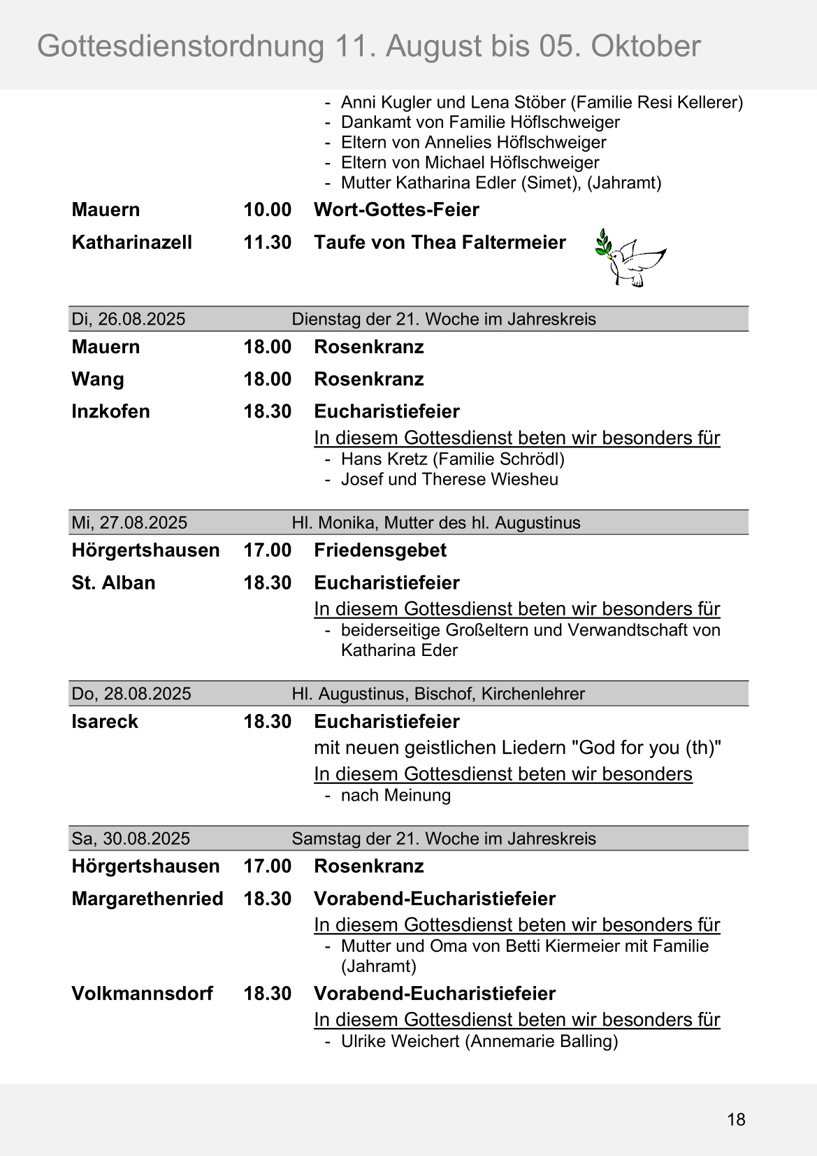 Pfarrblatt für die Pfarrverbände Hörgertshausen-Gammelsdorf und Mauern 11. August bis 05. Oktober 2025 Seite 18