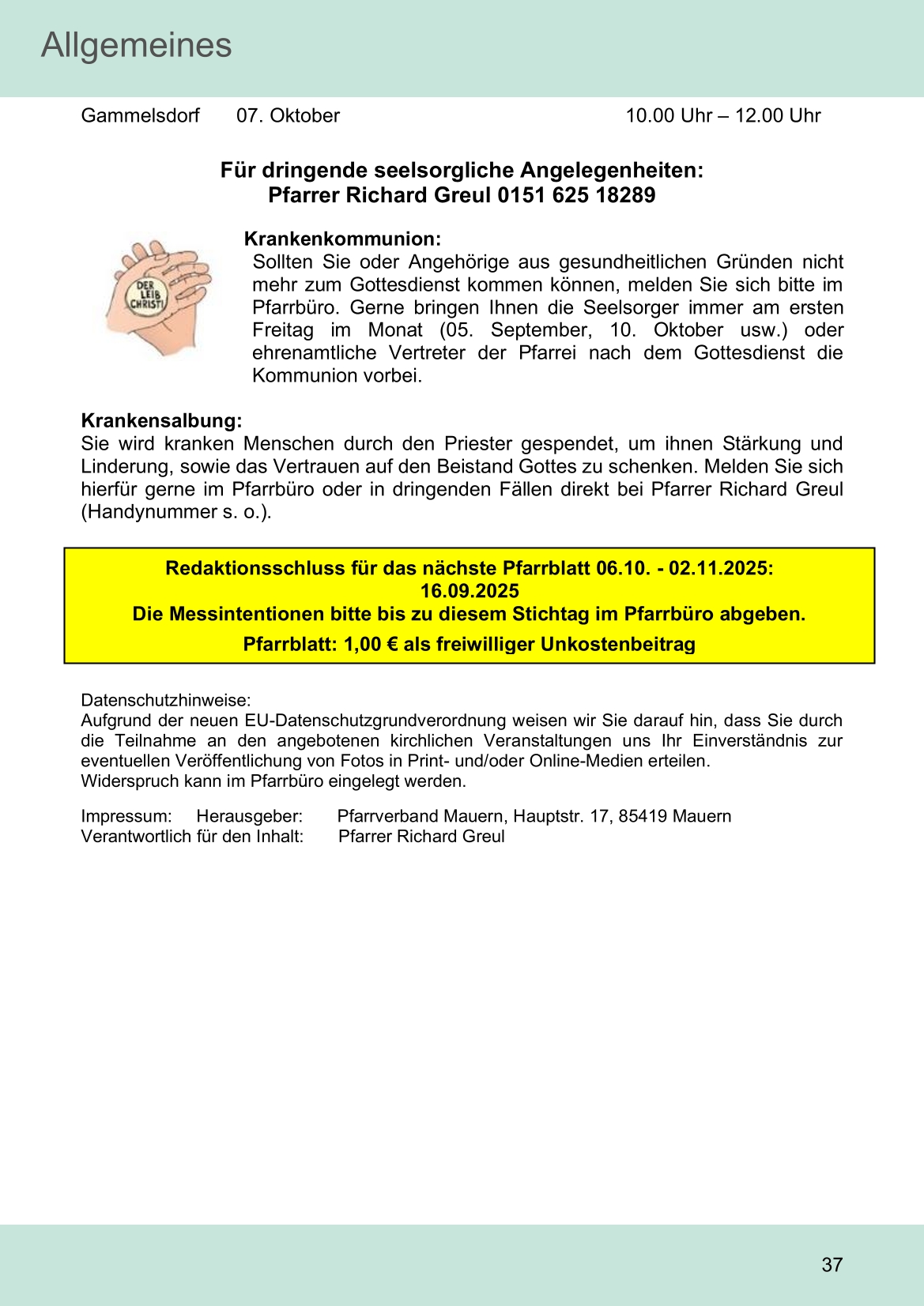 Pfarrblatt für die Pfarrverbände Hörgertshausen-Gammelsdorf und Mauern 11. August bis 05. Oktober 2025 Seite 37