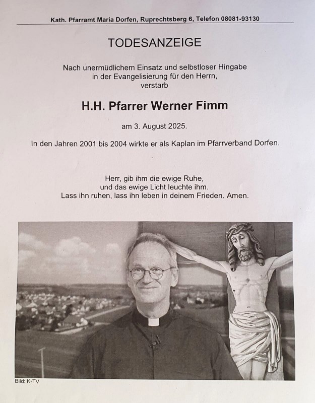 Todesanzeige H. H. Pfarrer Werner Fimm