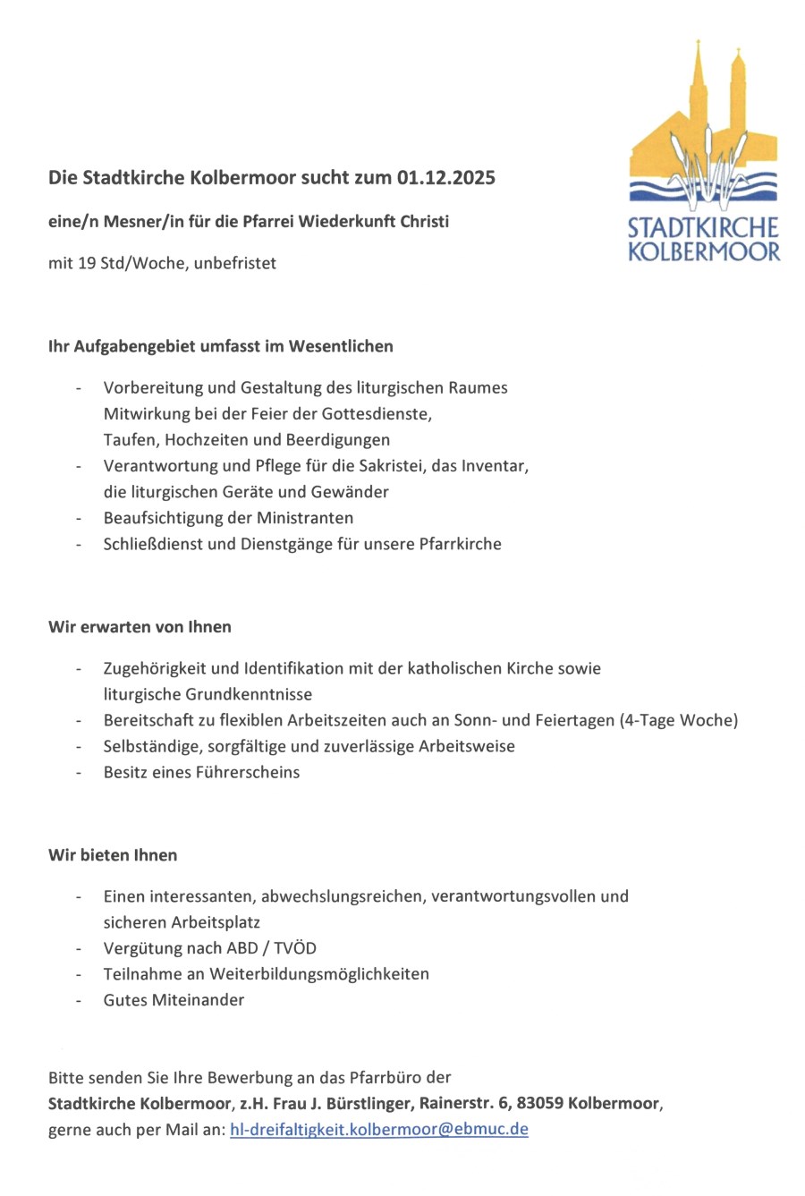 Stellenangebot Mesner/in Pfarrei Wiederkunft Christi