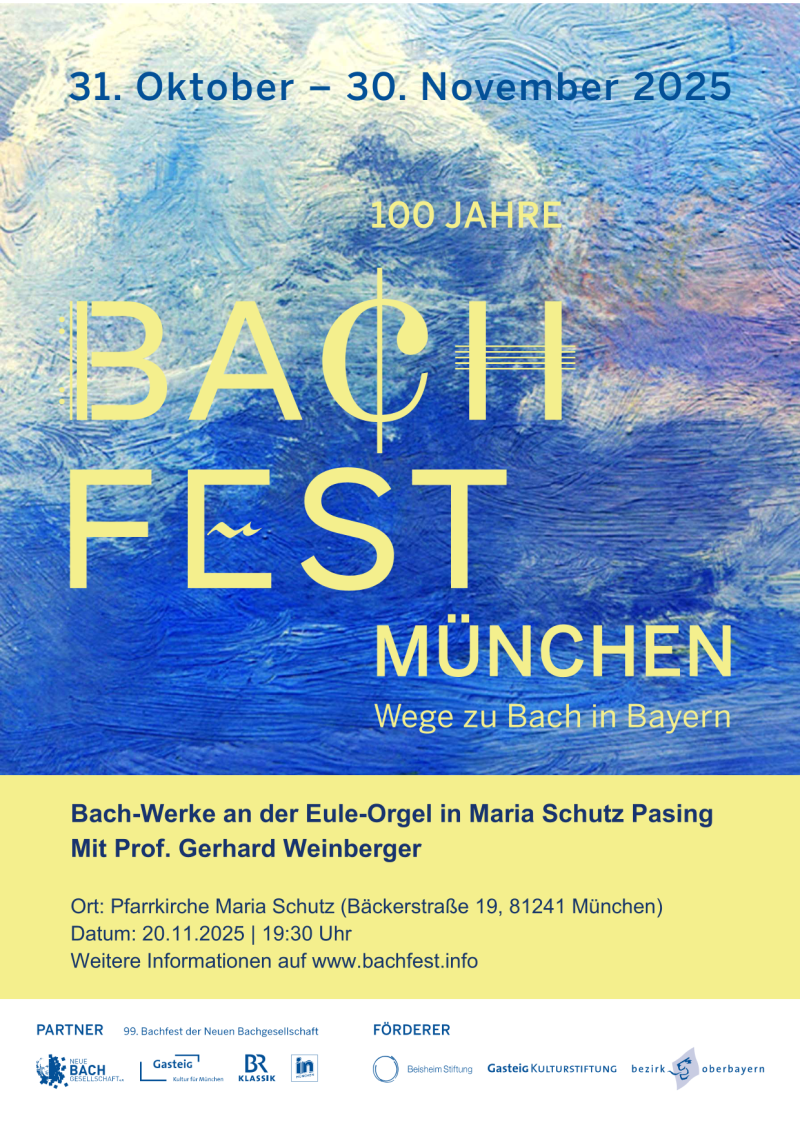 Blau-grünes Plakat "Bachfest", Hinweise nebenstehend
