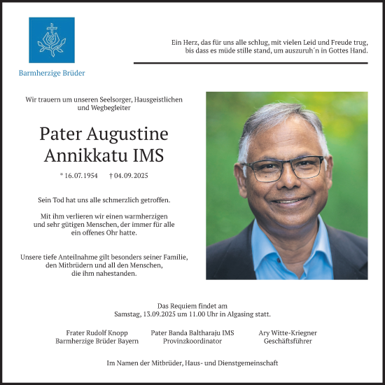 Todesanzeige Pater Augustine