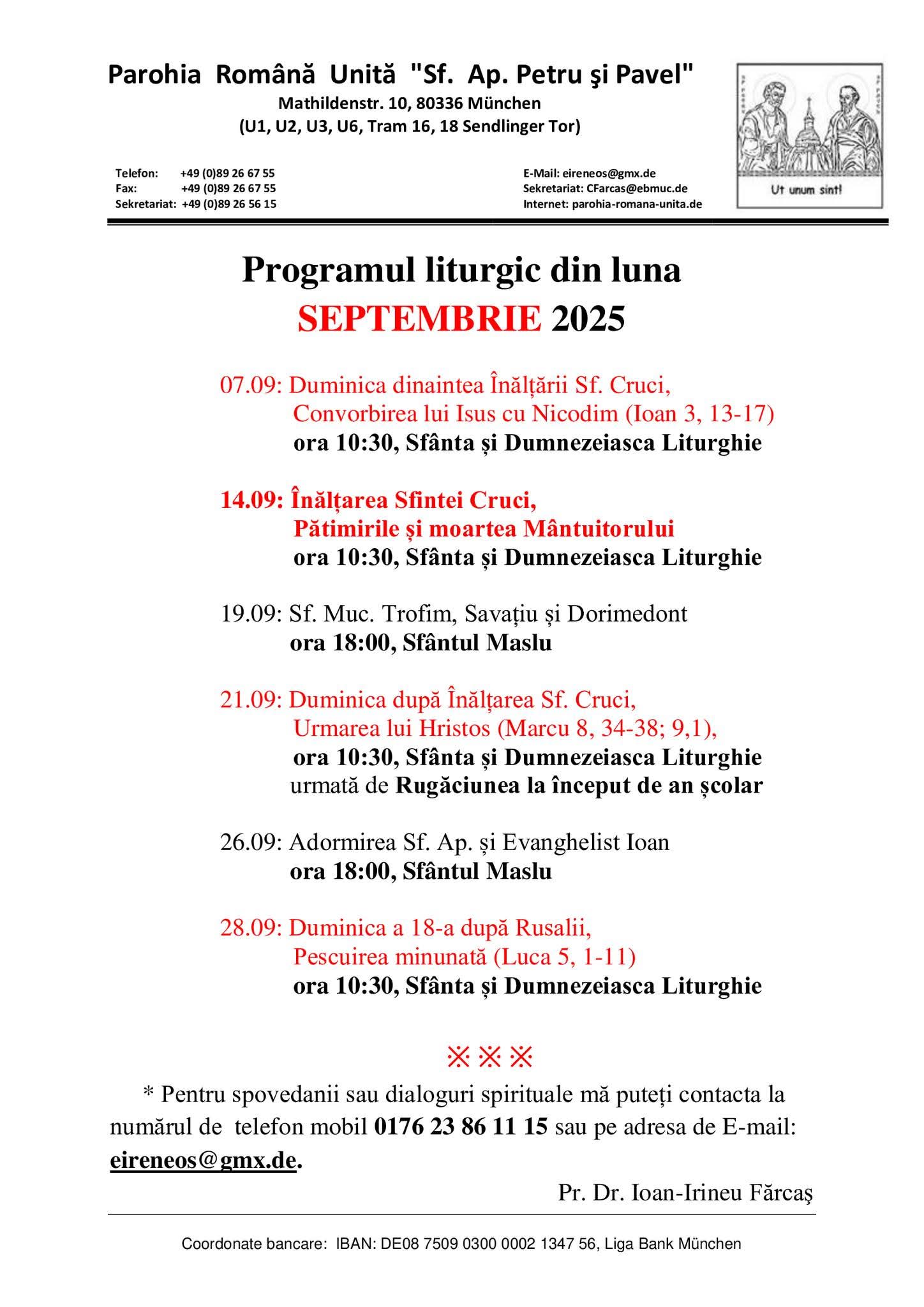 Program liturgic Septembrie