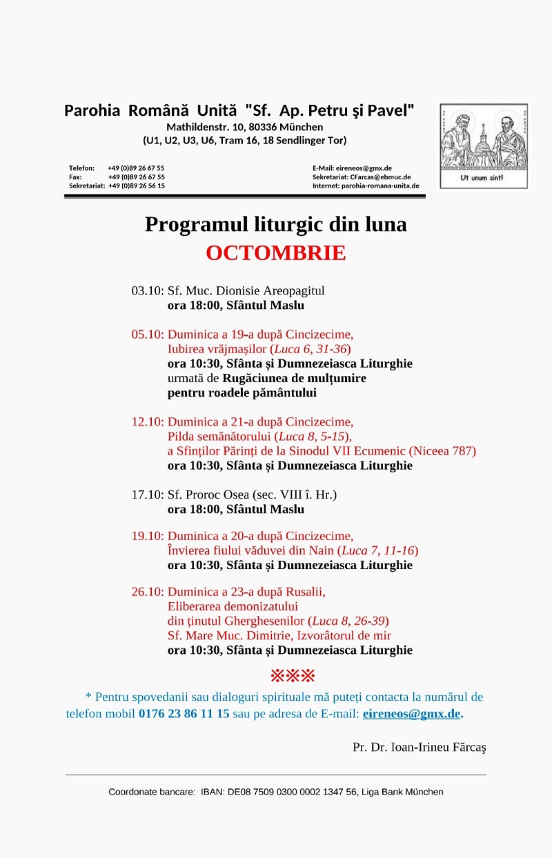Program liturgic octombrie
