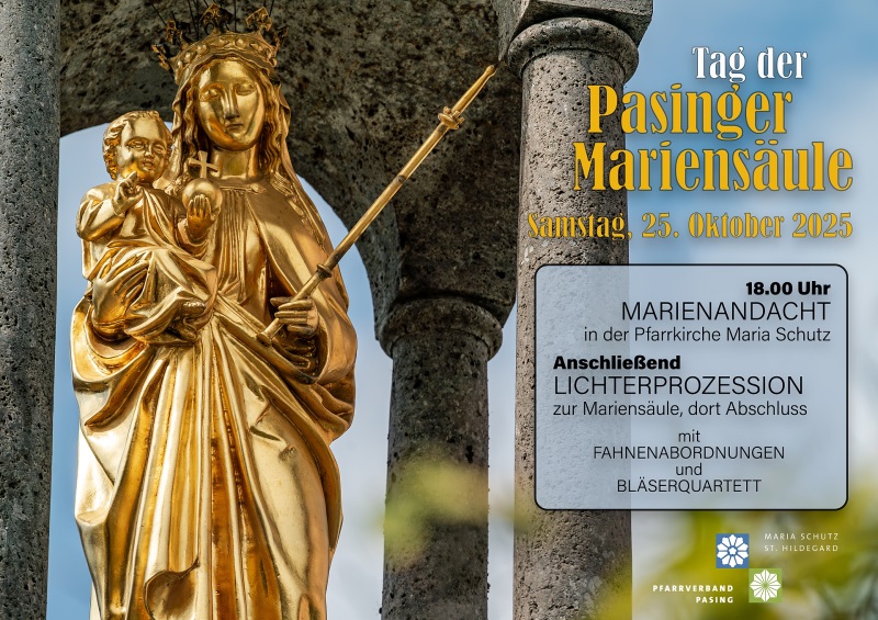 goldfarbige Marienfigur mit Kind der Pasinger Mariensäule, Text: nebenan