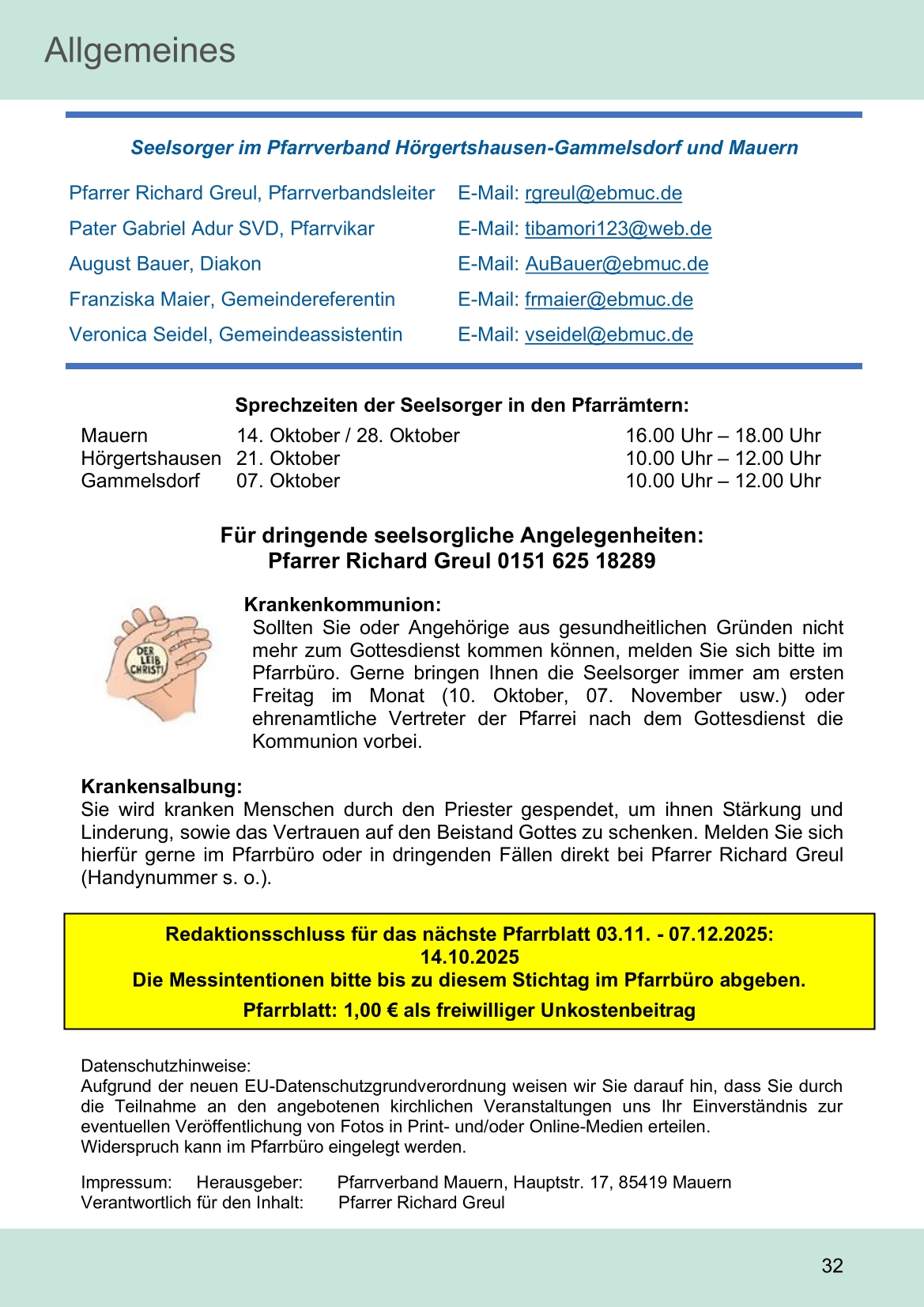 Pfarrblatt für die Pfarrverbände Hörgertshausen-Gammelsdorf und Mauern 06. Oktober bis 02. November 2025 Seite 32