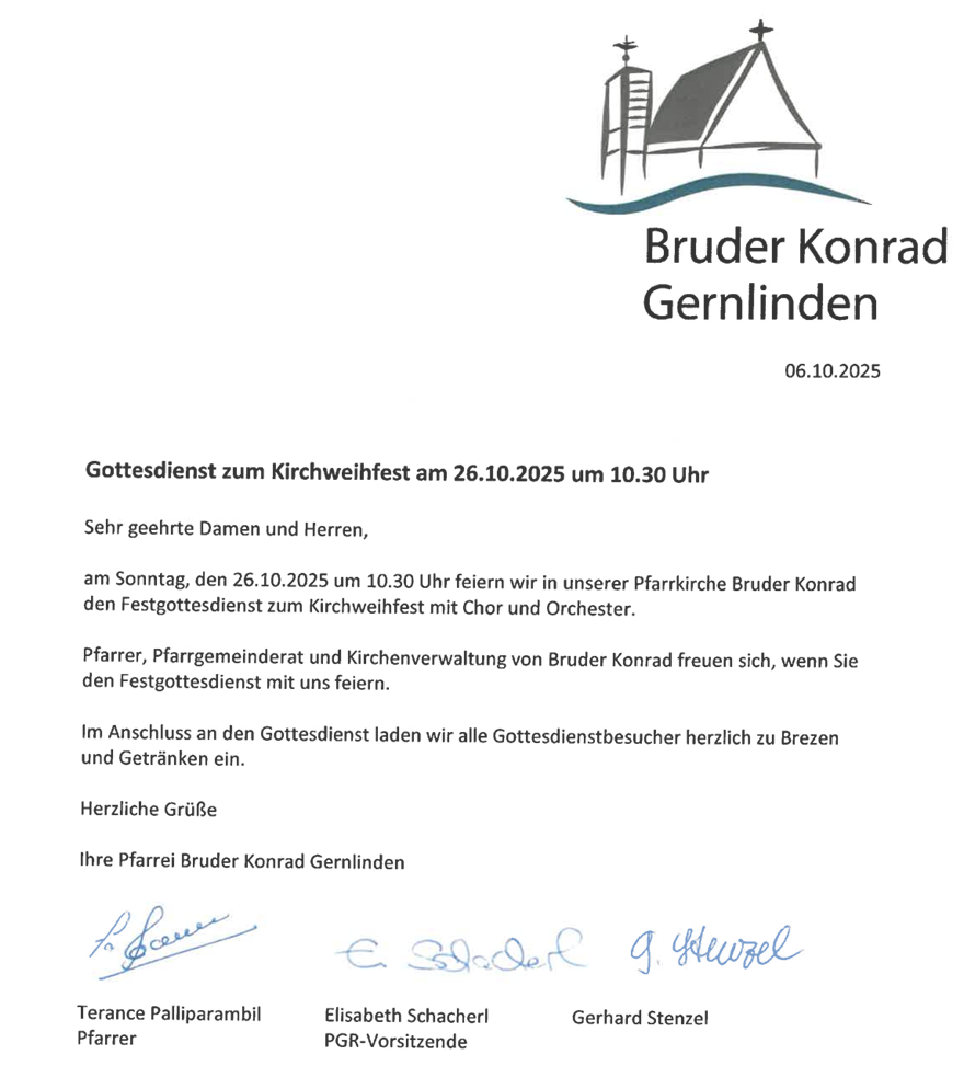 Kirchweihfest-Einladung Bruder Konrad Gernlinden am 26.10.2025 um 10Uhr30