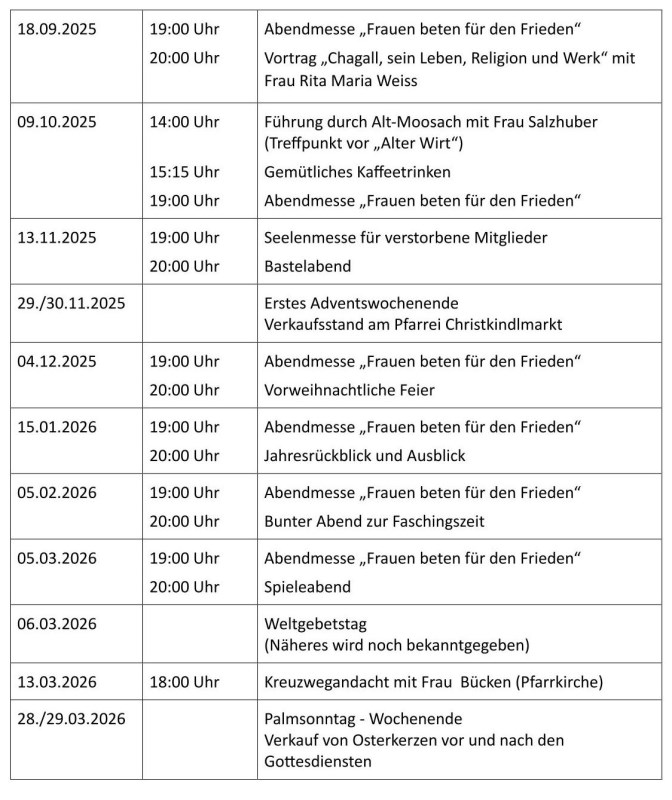 Termineliste bis März 2026