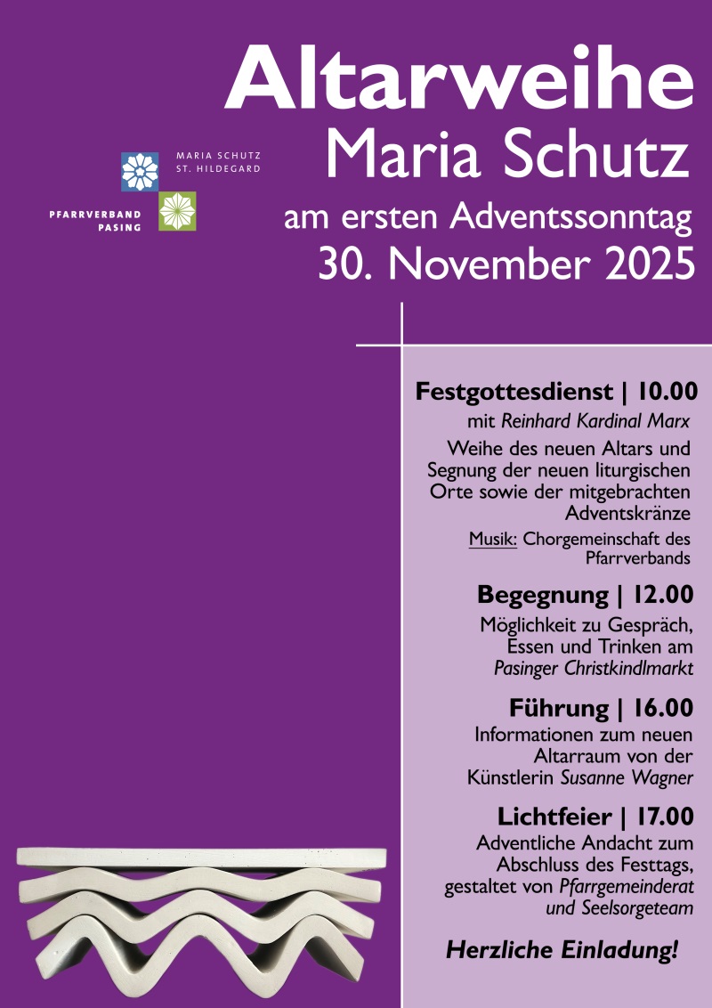 Violettes Plakat mit gezeichnetem neuen Altar, Text nebenstehend