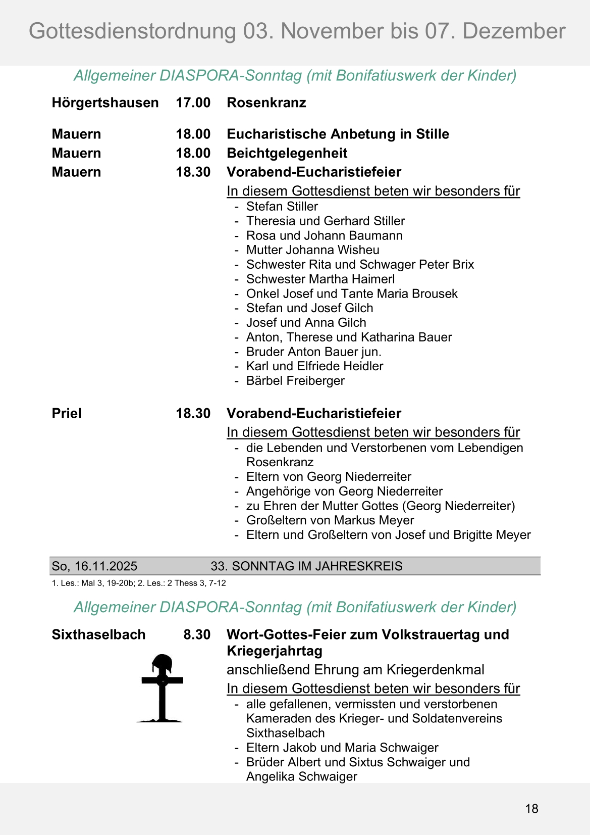 Pfarrblatt für die Pfarrverbände Hörgertshausen-Gammelsdorf und Mauern 03.November bis 07.Dezember 2025 Seite 18